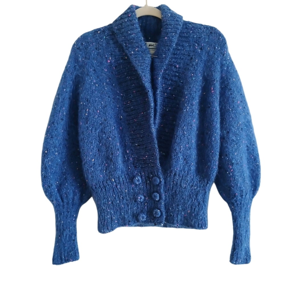 VINTAGE Woof Design Newfoundland Mohair Wool Cardigan Women's M Blue Speckle